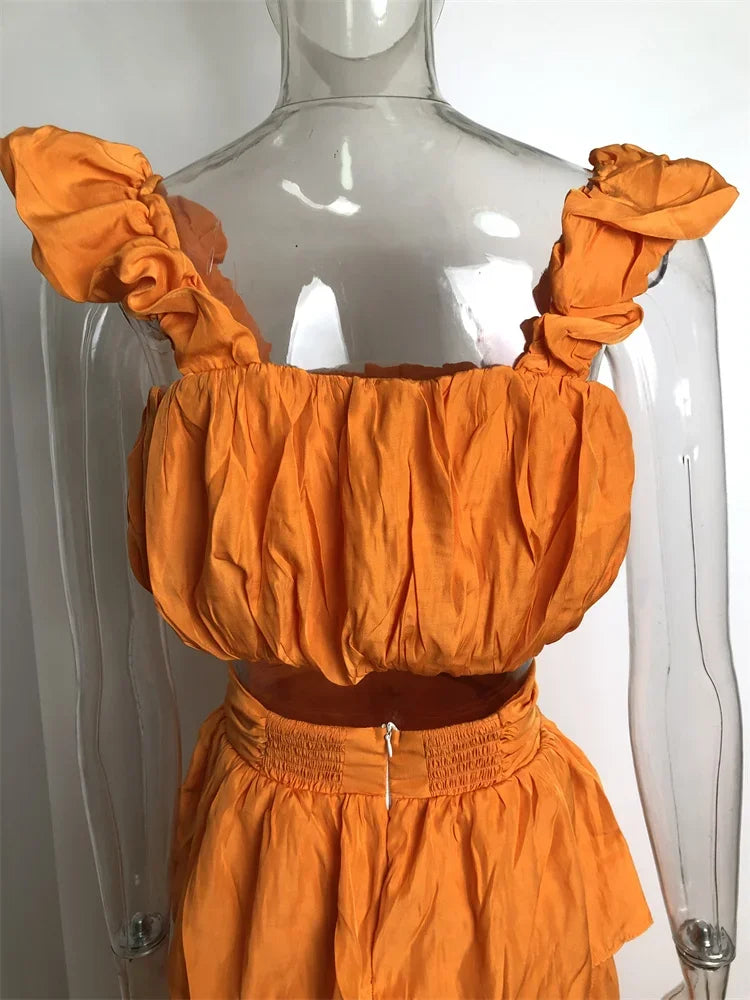 High Quality 2024 Summer Women Sexy Top and High Waist Ruffled Layer Skirts Holiday Vocation 2piece Sets