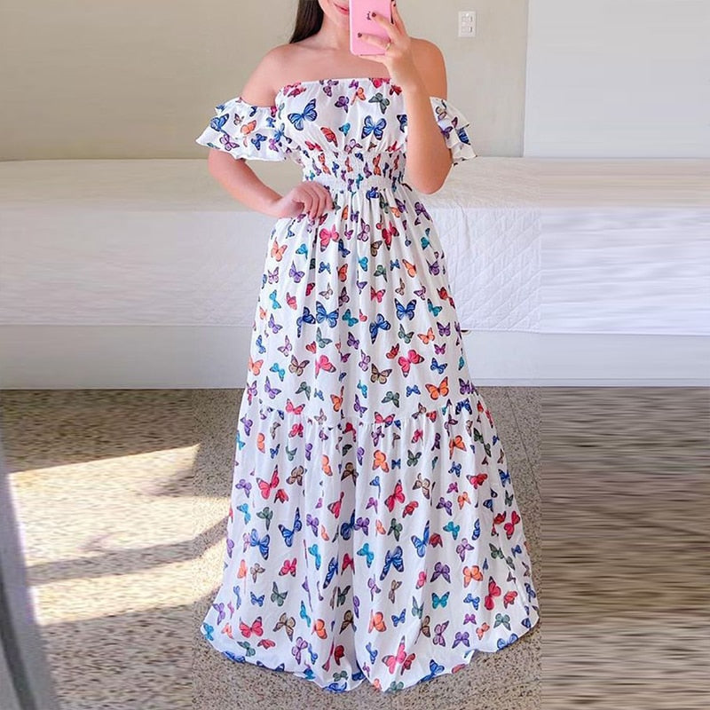 Hoobd Sexy Off The Shoulder Tube Top Dress Butterfly Rainbow Floral Print Dress Ladies Elegant Slim Summer Bohemian Party Maxi Dresses
