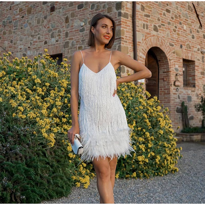 Hoobd Sequins Tassel Feather Spaghetti Strap Dress Women Fashion Sexy Stitching Mini Dresses Ladies Evening Party Club Elegant Dress