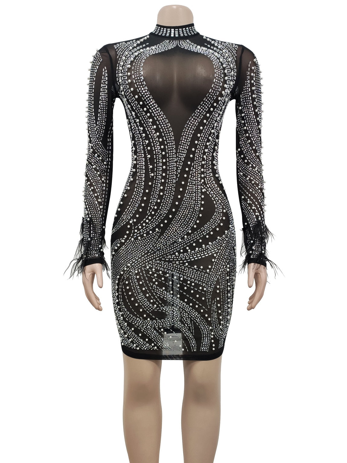 Hoobd Woman Fashion Sexy Mesh See-through Long Sleeve Feathers Rhinestones Bodycon Party Dresses 2023 Package Hip Mini Nightclub Dress