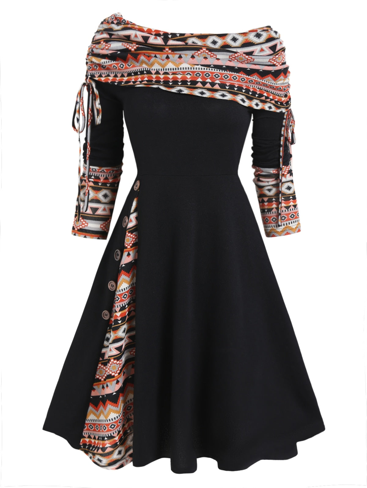 Hoobd Convertible Cinched Striped Flare Dress Foldover Off The Shoulder Knitted Dresses Women 2023 Long Sleeve Jurken
