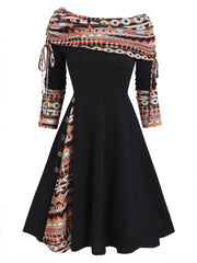 Hoobd Convertible Cinched Striped Flare Dress Foldover Off The Shoulder Knitted Dresses Women 2023 Long Sleeve Jurken