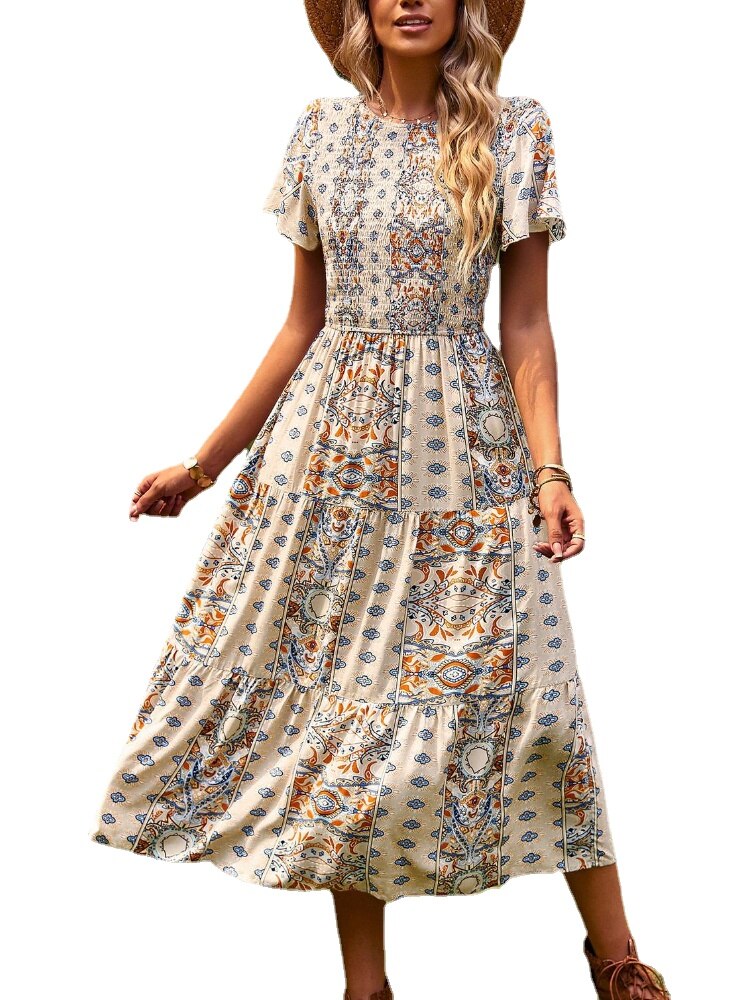 Women Short Sleeve Round Neck Printed Boho Dress