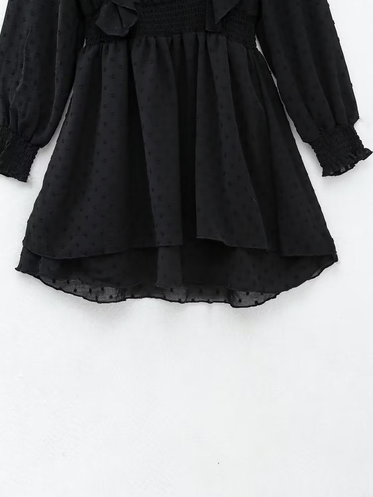 New Spring Women Ruffled Dotted Black  Dress Long Sleeve Elastic Waist Female Vintage Dresses Short Vestidos