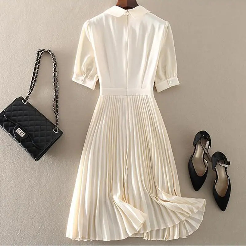 Embroider Hook Flower Hollow Office Lady A-Line Polo Neck Women's Dress Short Sleeve Elegant Mid-Calf Pleated Dresses For Women