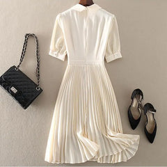 Embroider Hook Flower Hollow Office Lady A-Line Polo Neck Women's Dress Short Sleeve Elegant Mid-Calf Pleated Dresses For Women