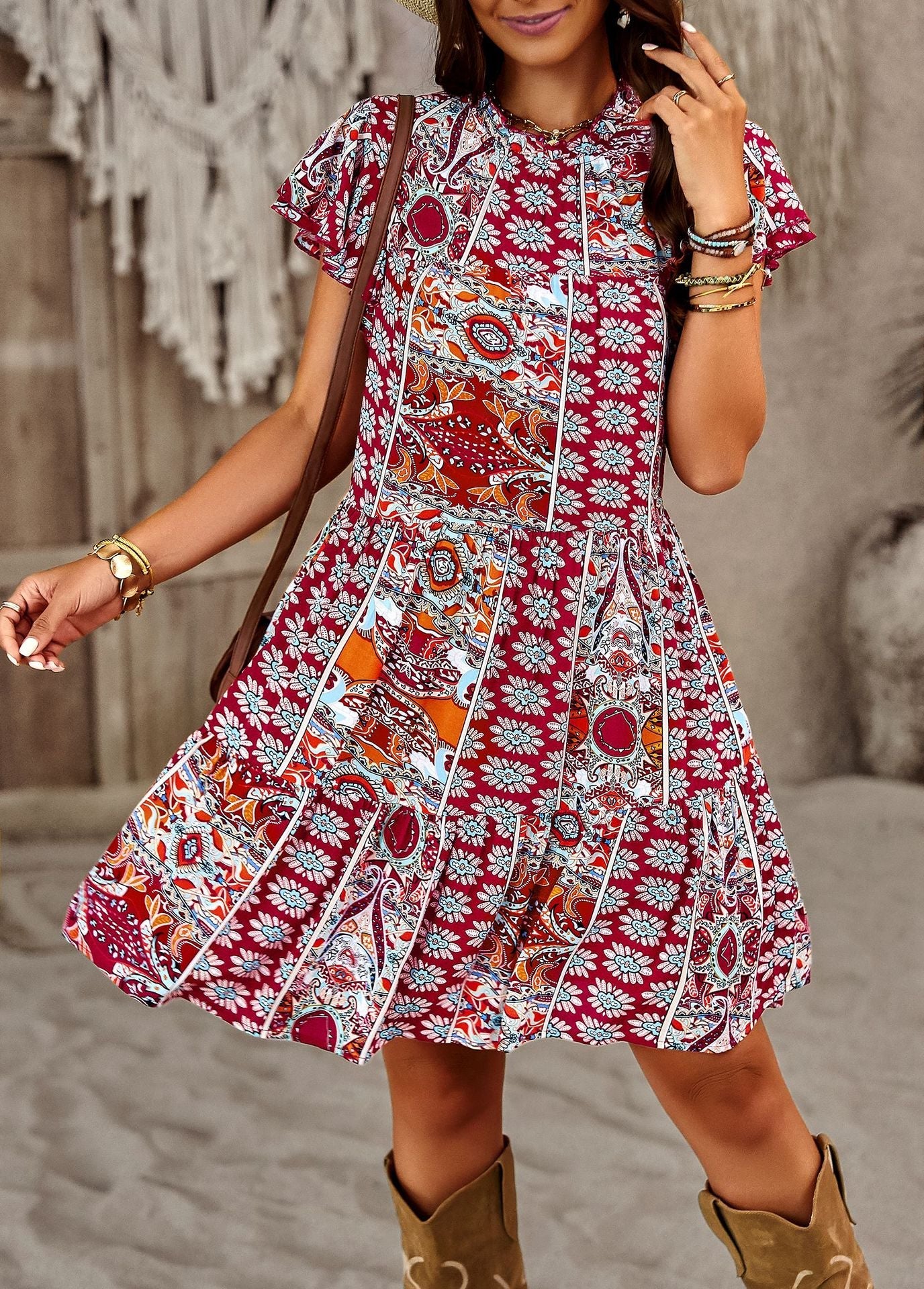 Fashion Elegant Ladies Long Dresses 2023 Summer Round Neck Short Sleeve Printed Party Dress Boho A-line Beach Dress for Women