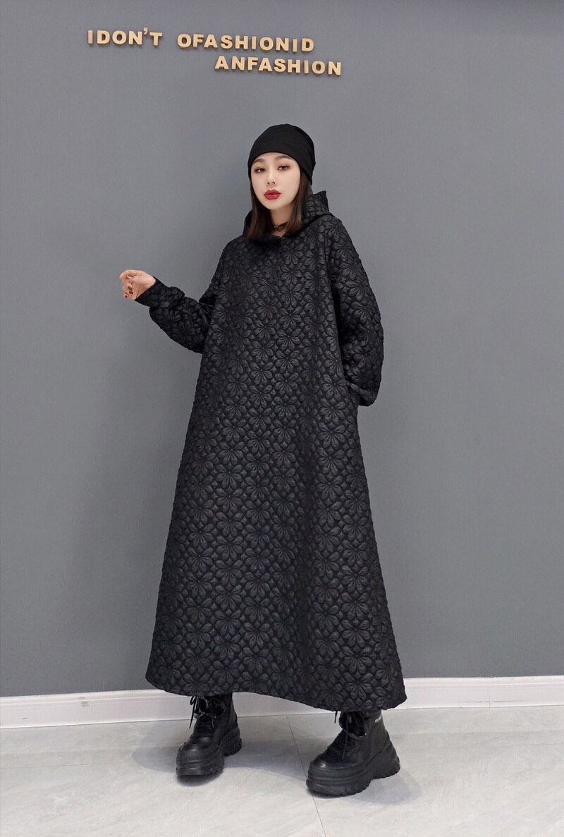 Hoobd2023 Autumn Winter New Leisure Jacquard Craft Hooded Dress Women Pure Color Large Size Pullover Dress Black