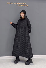 Hoobd2023 Autumn Winter New Leisure Jacquard Craft Hooded Dress Women Pure Color Large Size Pullover Dress Black