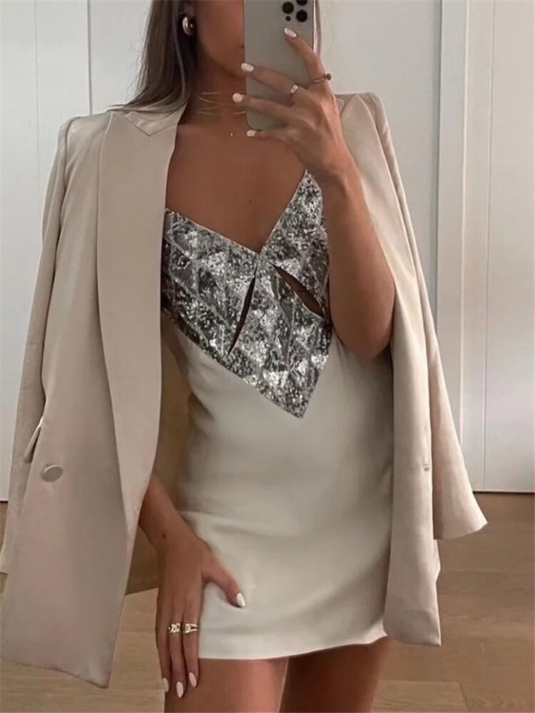 Woman Elegant Beige Slim Sequined Mini Sling Dress Summer Female V Neck Patchwork Short Dress Ladies Backless Party Dresses