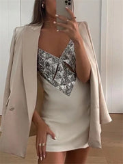 Woman Elegant Beige Slim Sequined Mini Sling Dress Summer Female V Neck Patchwork Short Dress Ladies Backless Party Dresses