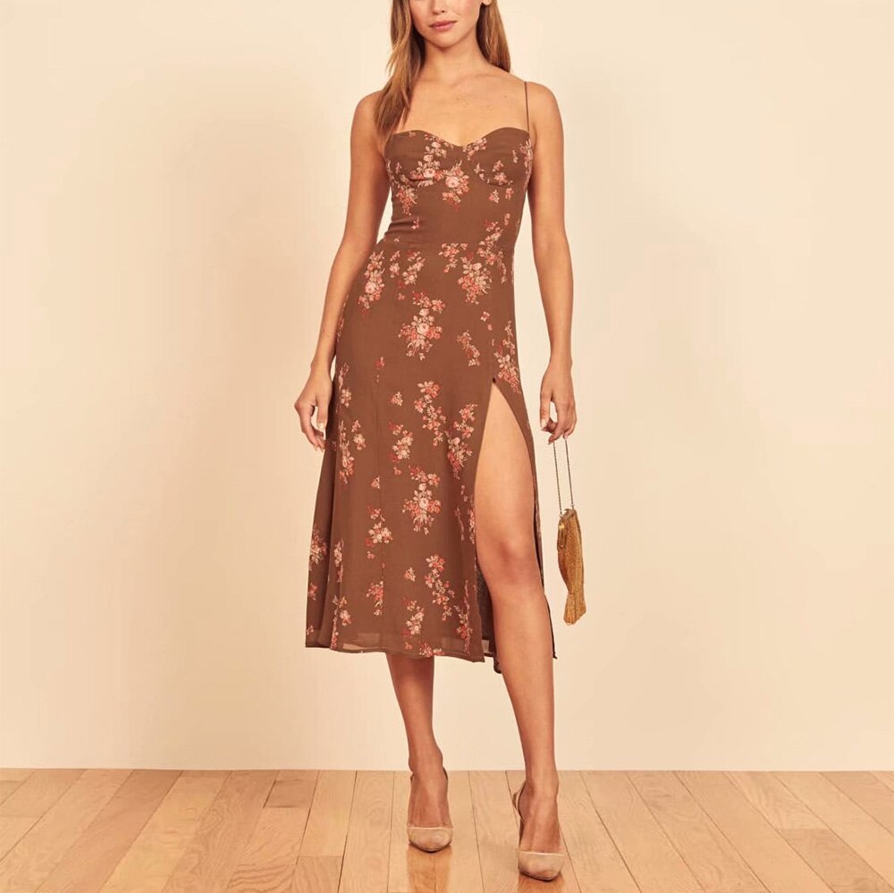 Hoobd Summer Dresses For Women Elegant Vintage Floral Print Dress Sweetheart Neck Spaghetti Strap Midi Dress With Slit Sundress