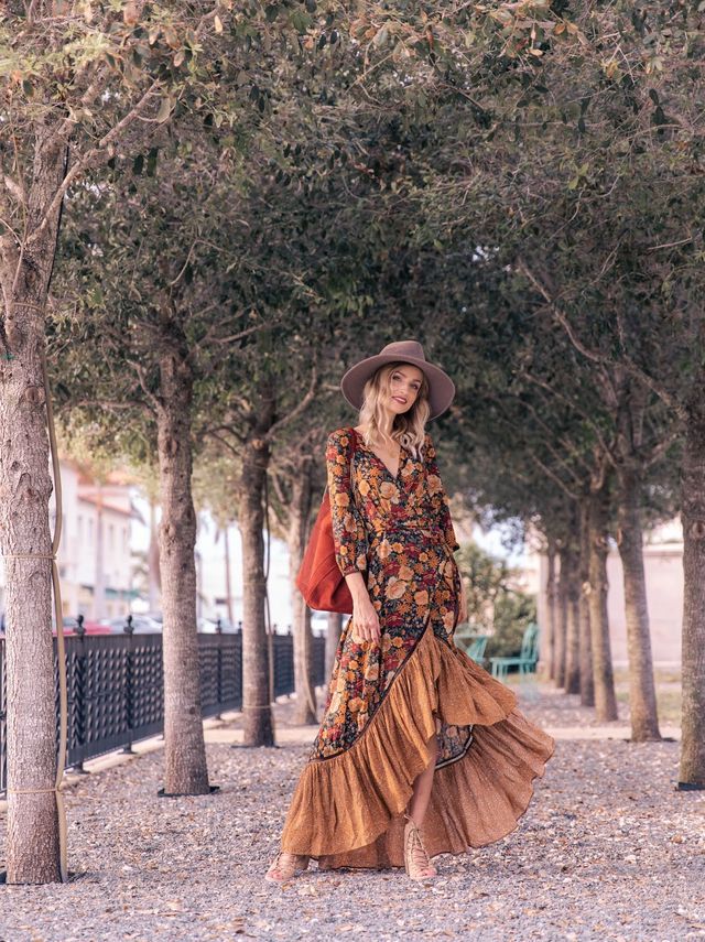 Hoobd2023 Autumn New Floor Length Dress Women's Long Sleeve Printing Dress Floral Vintage Irregular Maxi Dress Mujer Chic Boho Dress