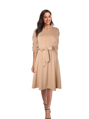 2023 Summer Dress Women&#39;s Vintage Dress Round Neck Long Sleeve Elegant Lace Up Solid Color New Green Maxi Dresses for Women