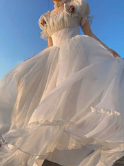 French Elegant Princess White Dress Women Sexy Backless Sweet Vintage Lolita Dress Female 2024 Korean Casual Long Fairy Dresses