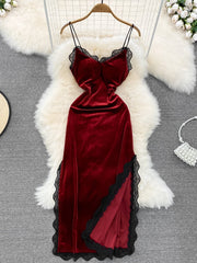 Ins Fashion Women Christmas Red Long Dress High Waist Lace Patchwork Side Split Velvet Long Dress Party Vestidos