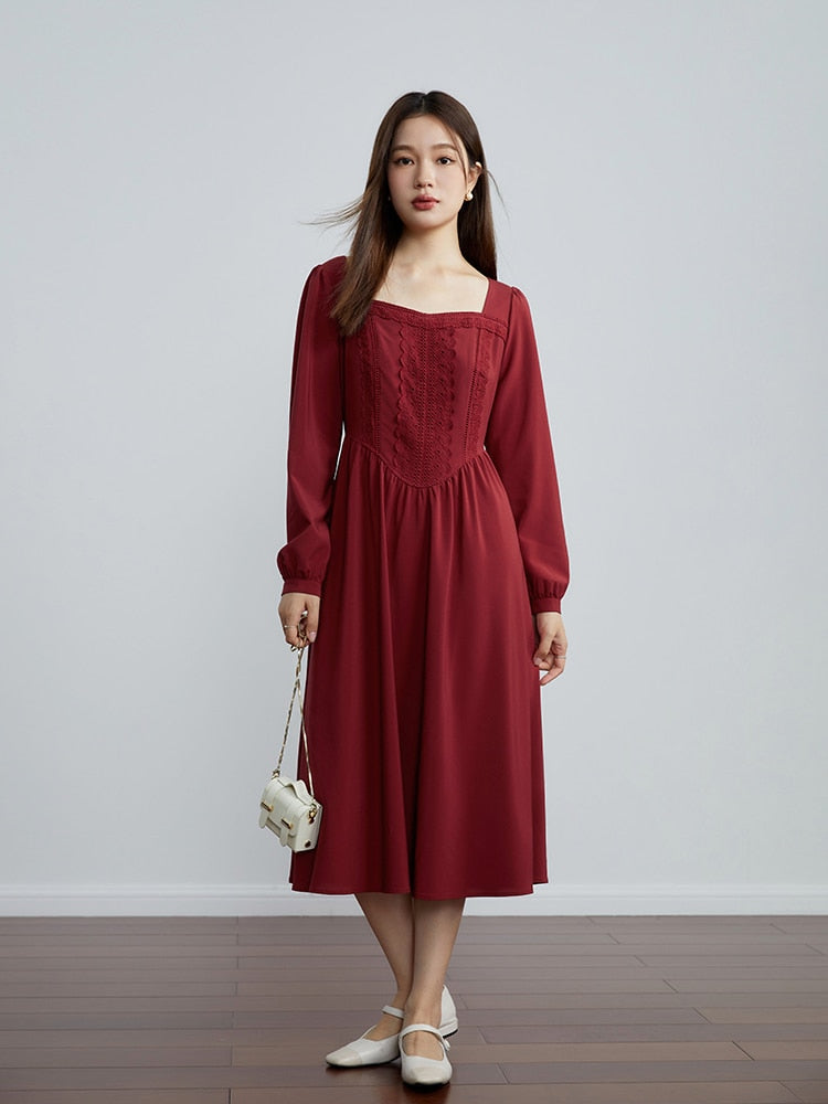 Retro Red Women Temperament Lace Decoration Square Neck Long Dress Autumn New Long Sleeve A-LINE Skirts Mid-Calf Dresses