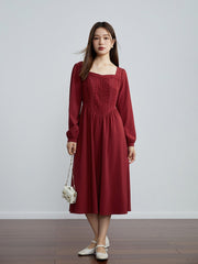 Retro Red Women Temperament Lace Decoration Square Neck Long Dress Autumn New Long Sleeve A-LINE Skirts Mid-Calf Dresses