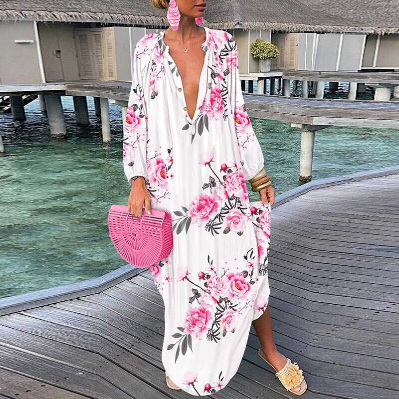 Hoobd Women Elegant V Neck Loose Party Dress Lady Retro Printing Long Sleeve Holiday Dress Autumn Casual Femme Dress Streetwear