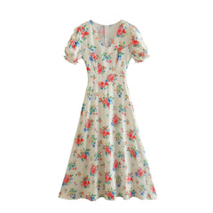 Women Floral Print Puff Short Sleeve Dress V Neck Romantic Ladies Holiday Summer Dresses French Style Vestido