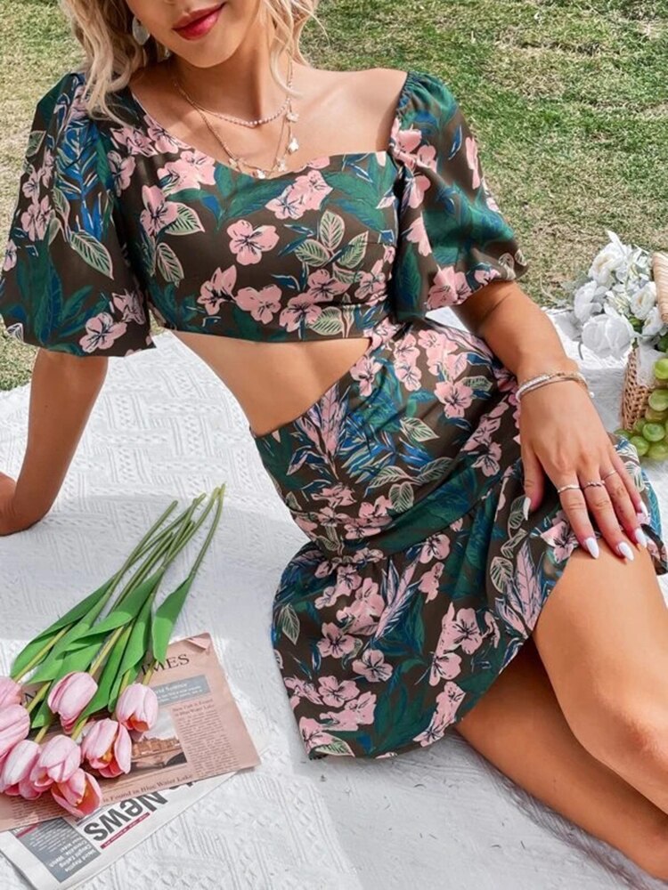 Hoobd Fashion Hollow Puff Sleeve Slim Party Dress Summer Picnic A-Line Casual Dress Women Elegant Square Neck Floral Print Mini Dress