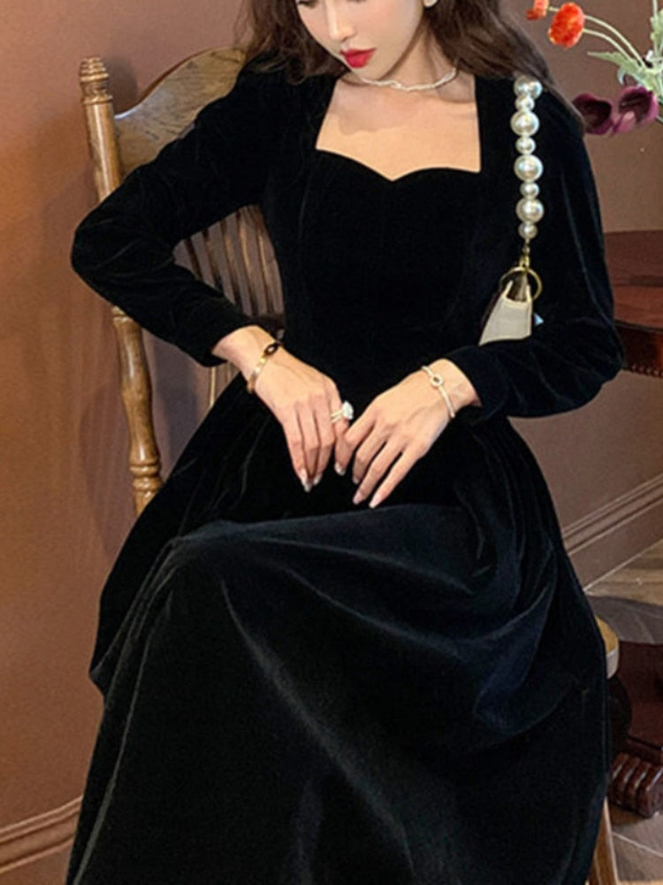 France Vintage Dress Women Autumn Winter Solid Retro Elegant Evening Party Midi Dress Long Slevee Korean Style Dress Fairy