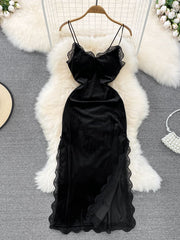 Ins Fashion Women Christmas Red Long Dress High Waist Lace Patchwork Side Split Velvet Long Dress Party Vestidos