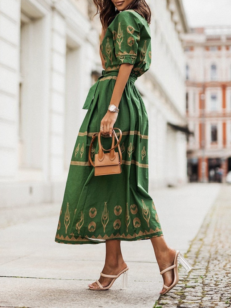 Women Half Open Collar Street Print Long Dress Elegant Button Lace Up High Waist Party Dress New Summer Short Sleeve Shirt Dress