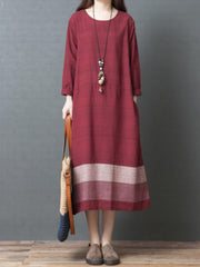 Women Casual Dress New Arrival 2023 Autumn Vintage Style O-neck Loose Comfortable Female Cotton Linen Long Dress B2881