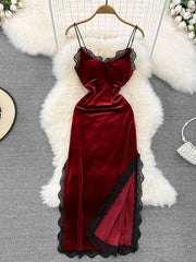 Ins Fashion Women Christmas Red Long Dress High Waist Lace Patchwork Side Split Velvet Long Dress Party Vestidos