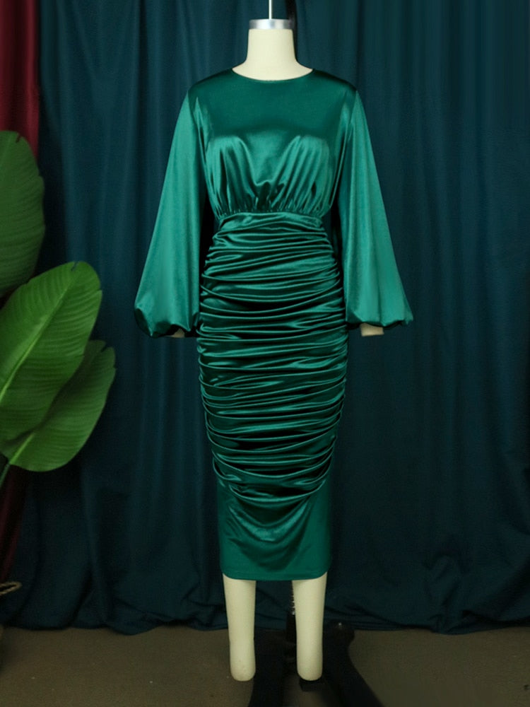 Hoobd Long Sleeve Green Dresses Bodycon Elastic Satin Smocked Midi Dress Elegant Big Size Shiny Evening Christmas Party Church Outfits