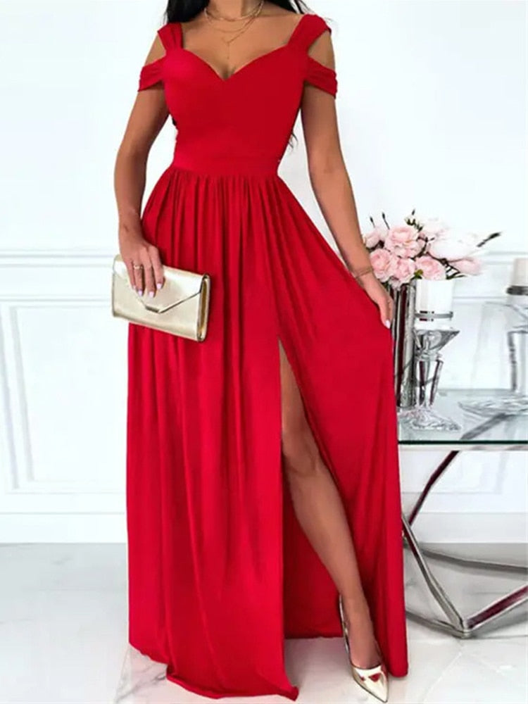 New Summer Elegant Sleeveless Dress Fashion V-Neck Slim Pleated Long Dress Sexy Ladies Off Shoulder Print Wrap Party Dress