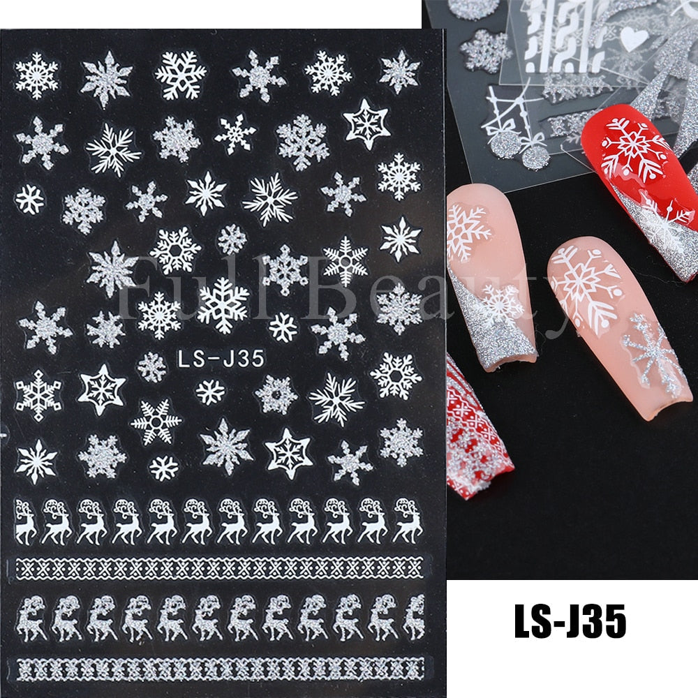 Christmas Nail Sticker 3D Reflective Shiny Glitter Gold Silver Snowflake Elk Bells Decal Slider For Manicure Decoration NLLS-J24