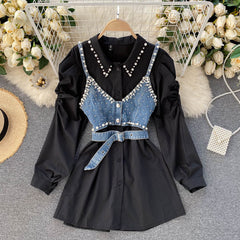 2023 New High-End White Shirt Dress Female Lapel Diamond Pearl Luxury Shirt Short Denim Vest Chic Two Piece Sets Female Fashion