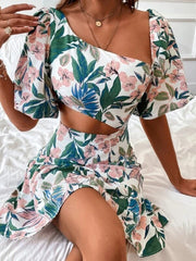 Hoobd Fashion Hollow Puff Sleeve Slim Party Dress Summer Picnic A-Line Casual Dress Women Elegant Square Neck Floral Print Mini Dress