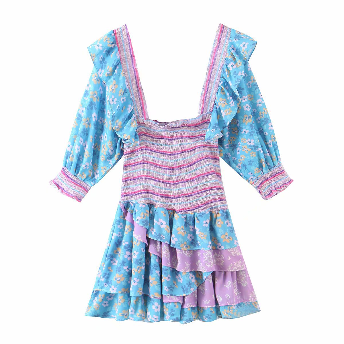 2023 Summer Mixed Floral Prints Ruffled Holiday Dress Square Neck Smocked Sexy Laides Dress Mini Dress