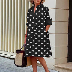 Hoobd Retro Ladies Polka Dot Single Breasted A-line Dress Fashion Street Pocket Polo Neck Dress Spring Elegant Long Sleeve Party Dress