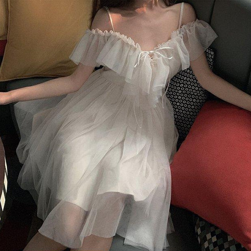 Women Sexy Mesh V Neck Lace Up Sweet Kawaii Japanese Fairy Party Elegant Dresses Summer Fashion Ruffle White Short Sleeve Dress