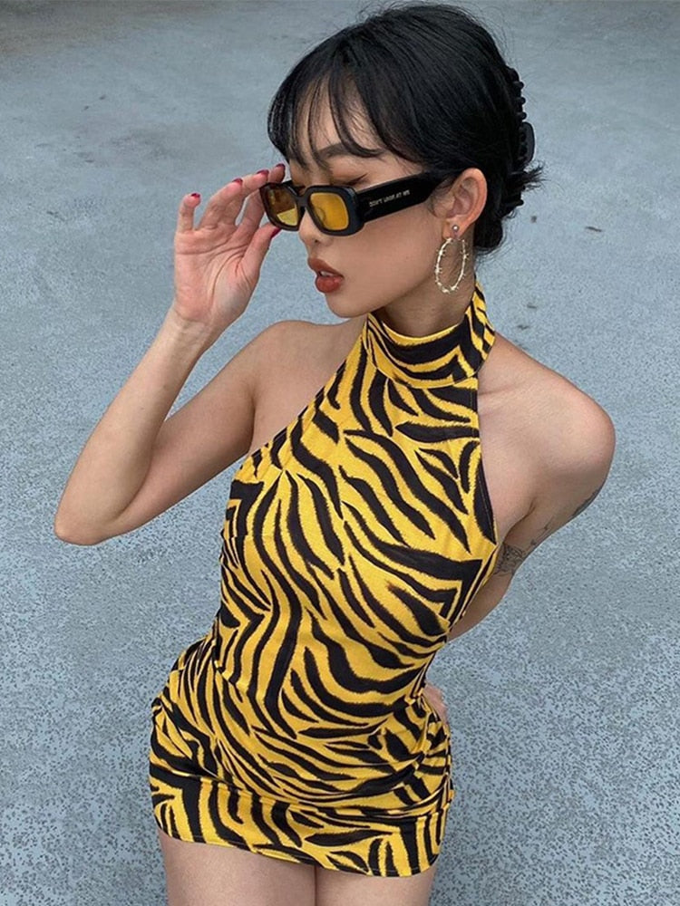 Hoobd Halter Sexy Dress Stripe Printed Bodycon Dress Summer Sleevless Mini Dress Club Female Outfit Streetwear Backless Dress