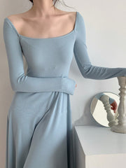 Hoobd Long Sleeve Knitted Midi Dress Women Pure Color Elegant Dress Party Autumn 2022 Fairy Slim One Piece Dress Korean Fashion Chic