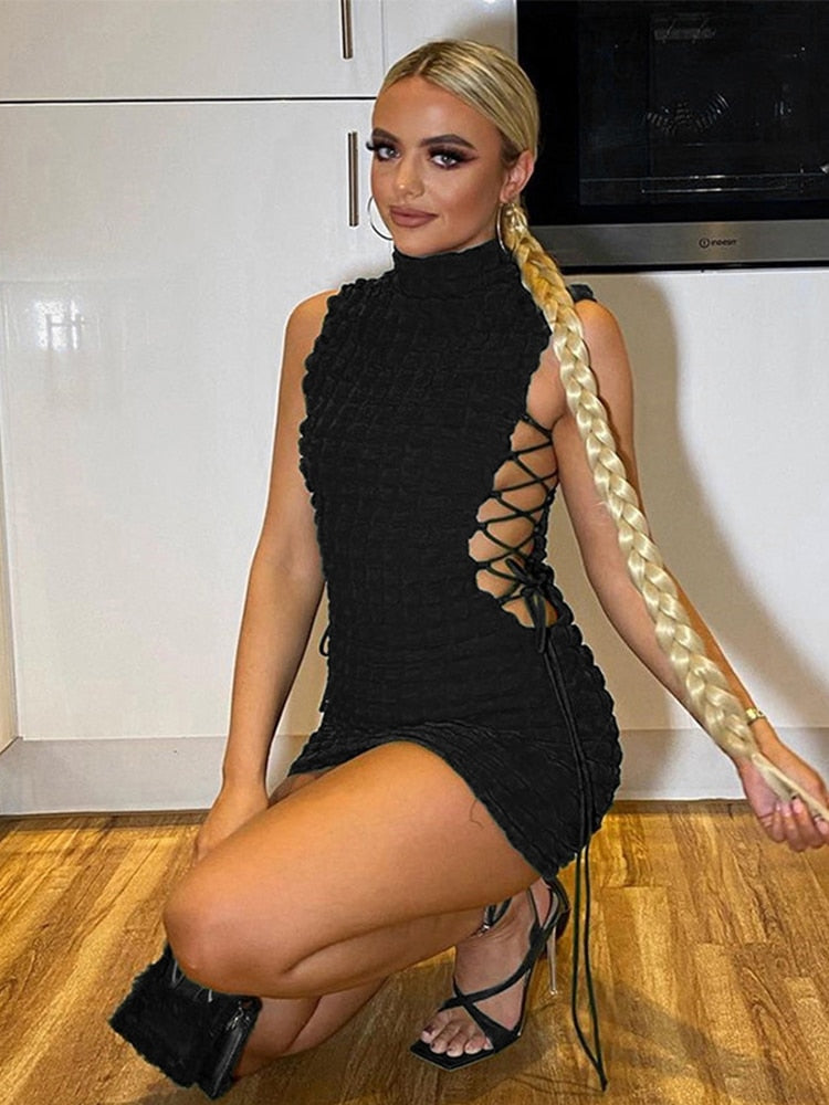 Hoobd Cut Out Long Sleeve Dress Women Y2K Mini Bodycon Bandage White Dress Fall Winter Stunning Stacked Streetwear Turtleneck Dress