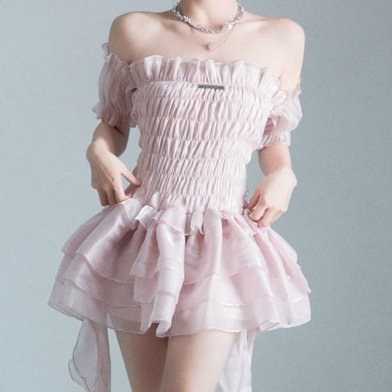 Hoobd Summer Lace Sweet Dress Women Designer Ruffle Flounce Cute Mini Dress Female Korean Fashion Elastic Skinny Sexy Party Dress 2023