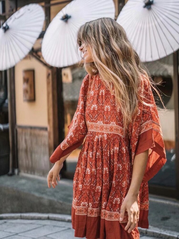 Hoobd Vintage Chic Fashion Women Red Floral Print O-neck Loose Bohemian Mini Dresses Ladies Batwing Sleeve Cotton Beach Boho Dress
