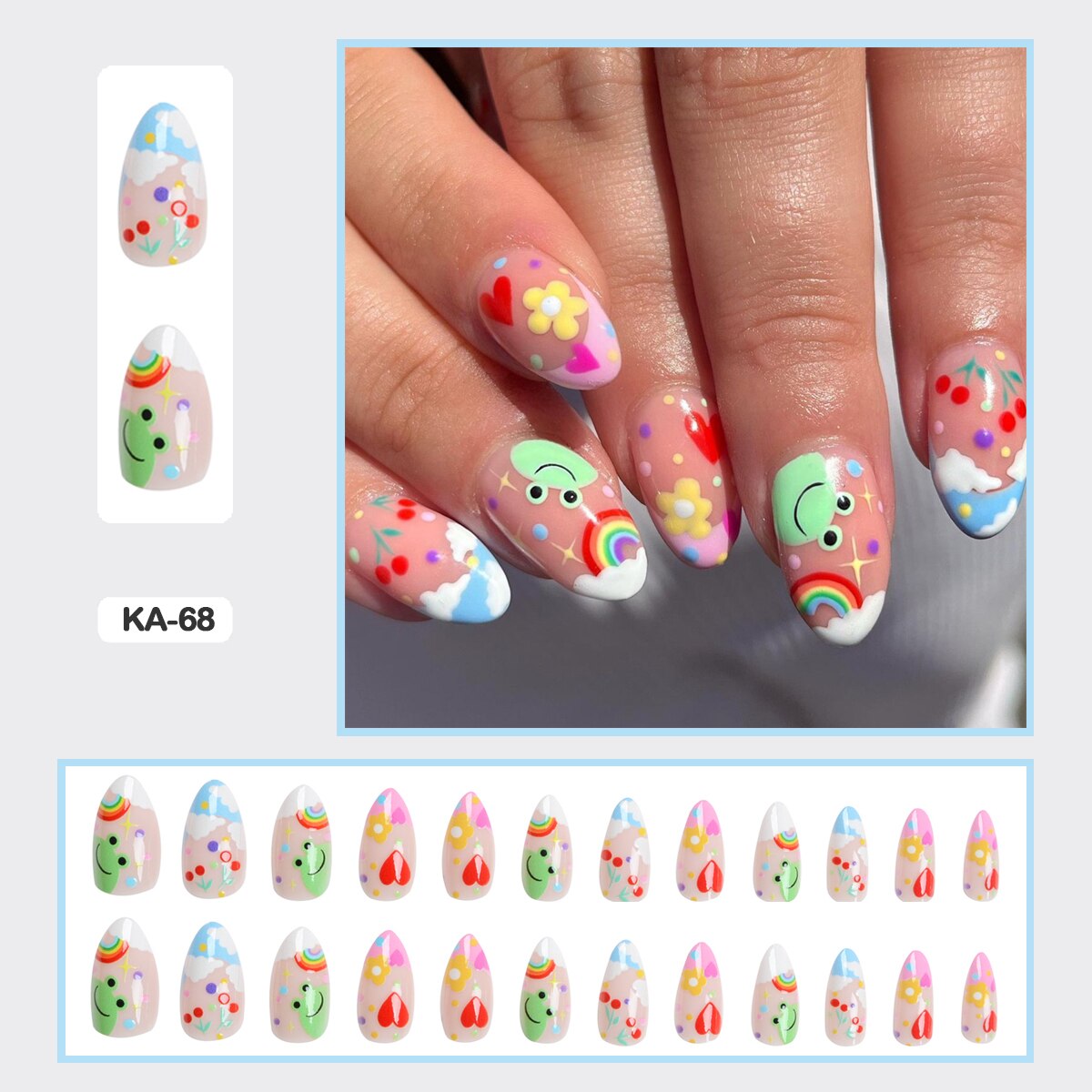 24pcs Girlish Colorful Graffiti Nail Art Fake Nails With Plants Flowers Patterns Short Press on False Nails With Wearing Tools