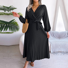 F 2023 New Women Spring Summer Temperament Cross Solid Color V Neck Large Hem Pleated Long Dress For Fashion