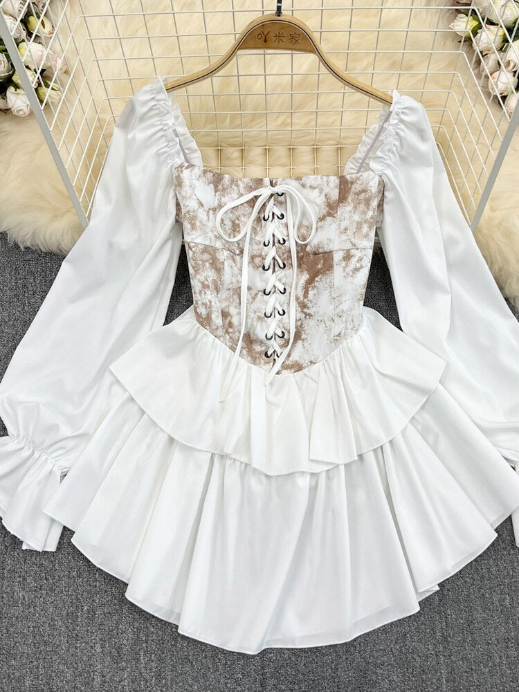 Hoobd Early Autumn Dress Retro Gothic Women White Black Bandage Mini Dress Sexy Off Shoulder Puff Sleeve Korean Vestidos