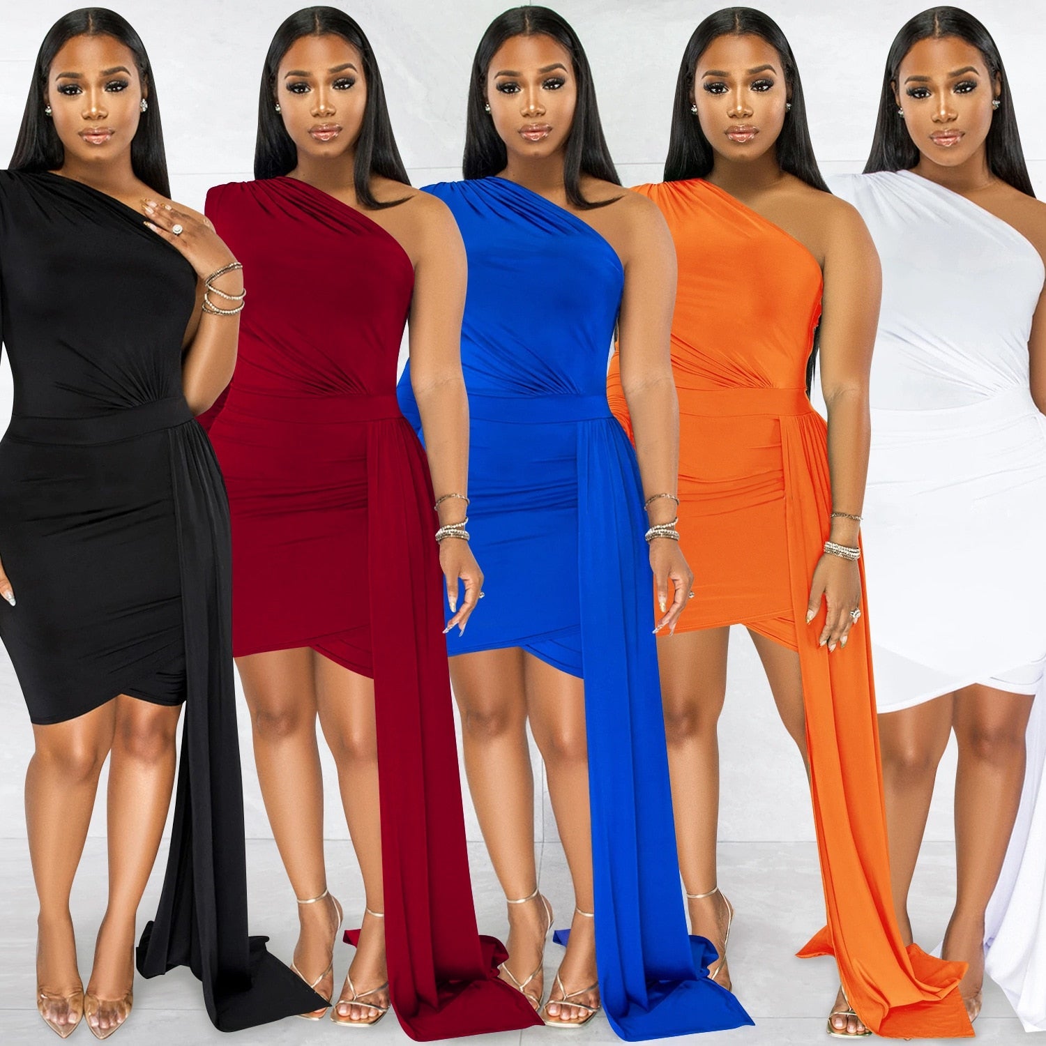 Hoobd Fall Party Dresses For Women 2023 Fashion Royal Blue Single Sleeve Long Strap Accent Mini Dresses Summer Womens Ruched Bodycon Party Dress Sexy Clubwear
