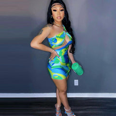 Hoobd Fashion Geometric Print Women Dresses Summer 2023 Club Asymmetrical Cut Out One Shoulder Bodycon Mini Dress D82-BB15