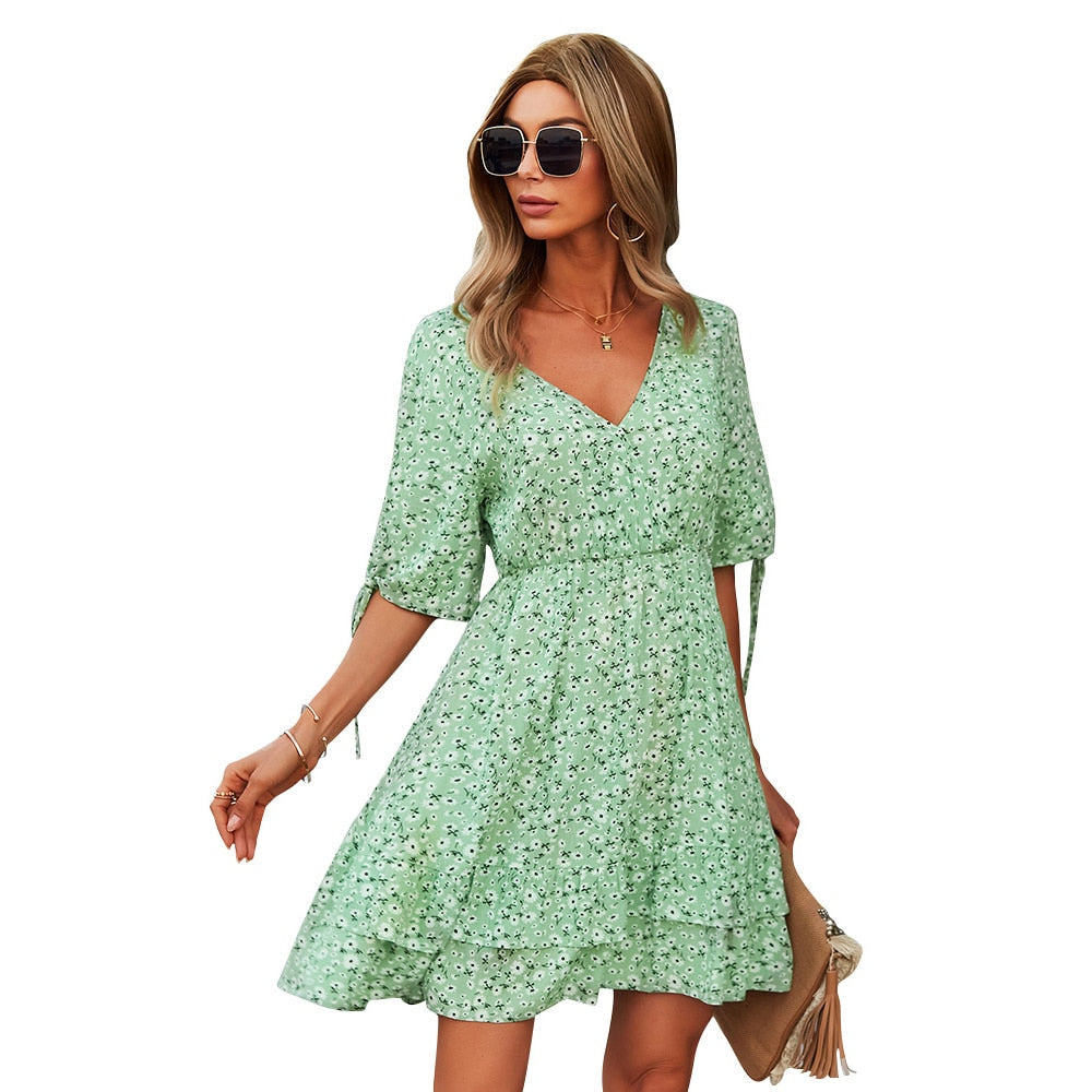 Casual Dress Women Spring Sexy Stresch Floral Dress Lady V Neck Short Sleeved A-line Skirt Girl High Waist Summer Clothes Female