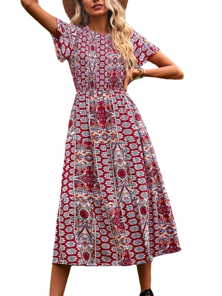 Women Short Sleeve Round Neck Printed Boho Dress